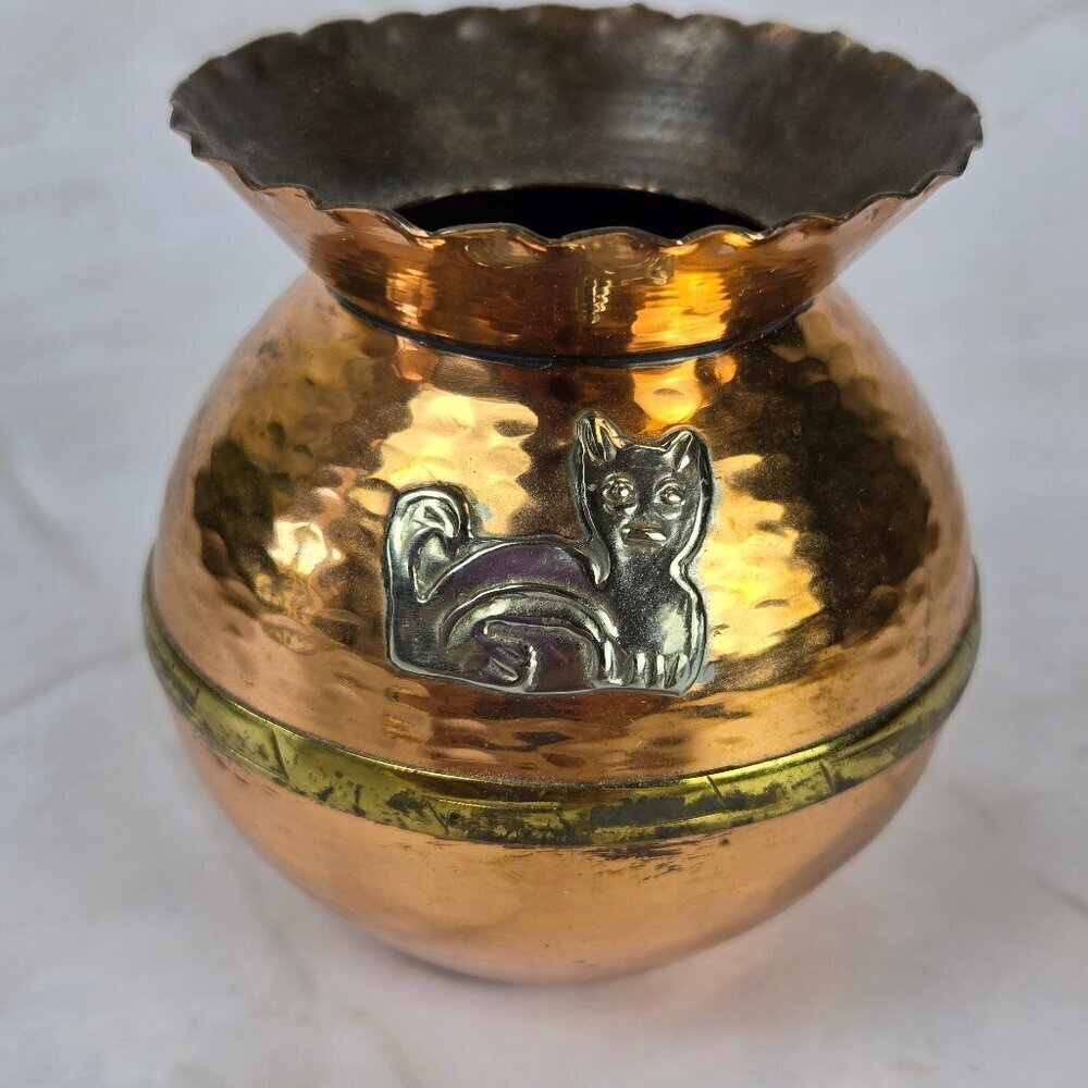 Copper & Brass Vase with Silver Cat on Front Vintage Collectible Decoration